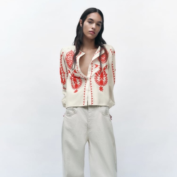 Zara | Tops | Nwt Zara Shirt With Contrasting Embroidery The Dahlia Blouse  | Poshmark